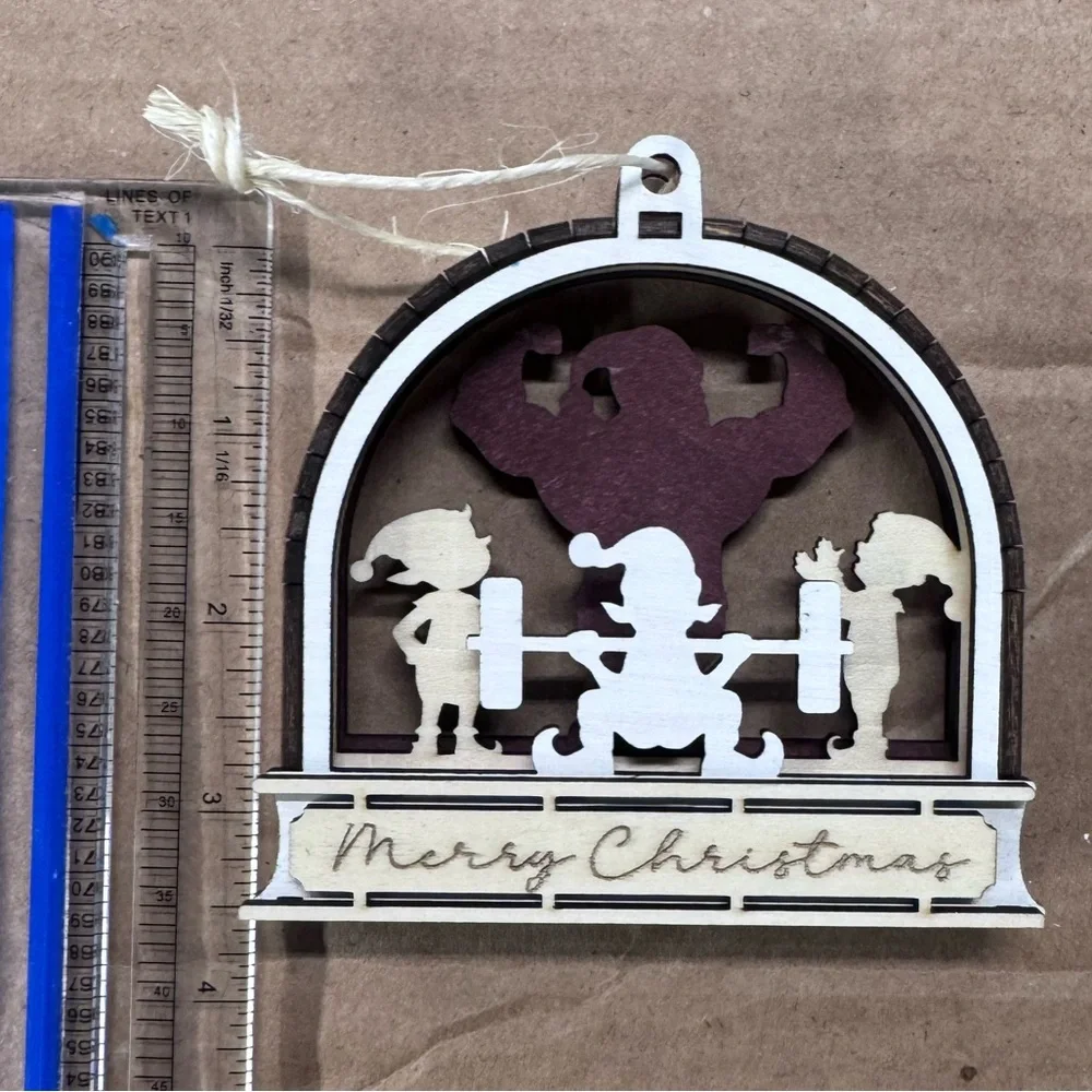 3/$20 Wooden Ornament – Santa Weightlifting with Elves – Gym / Fitness Theme